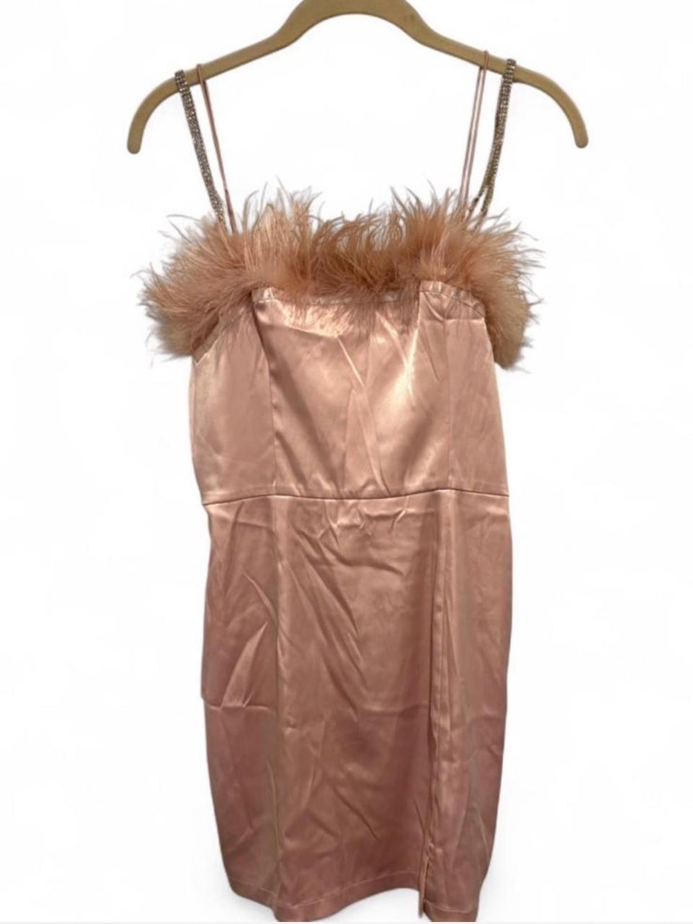 Feather-Trim Satin Slip Dress in Blush Pink